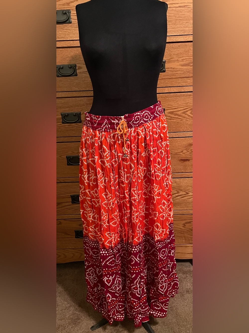 Red Orange Bohemian Maxi Skirt with Elastic Waistband